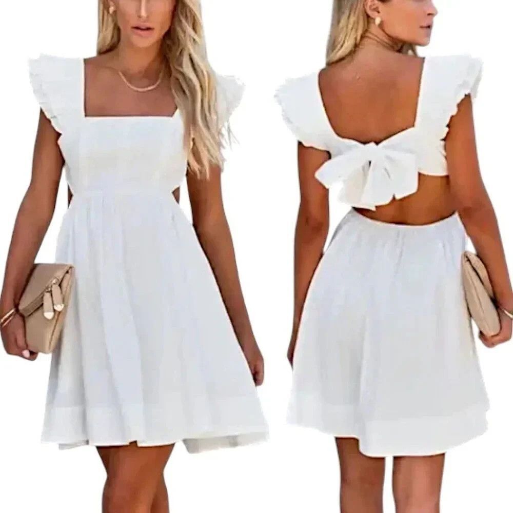 VICI Women's White Flutter Sleeve Cotton Tie Back Dress Size Small